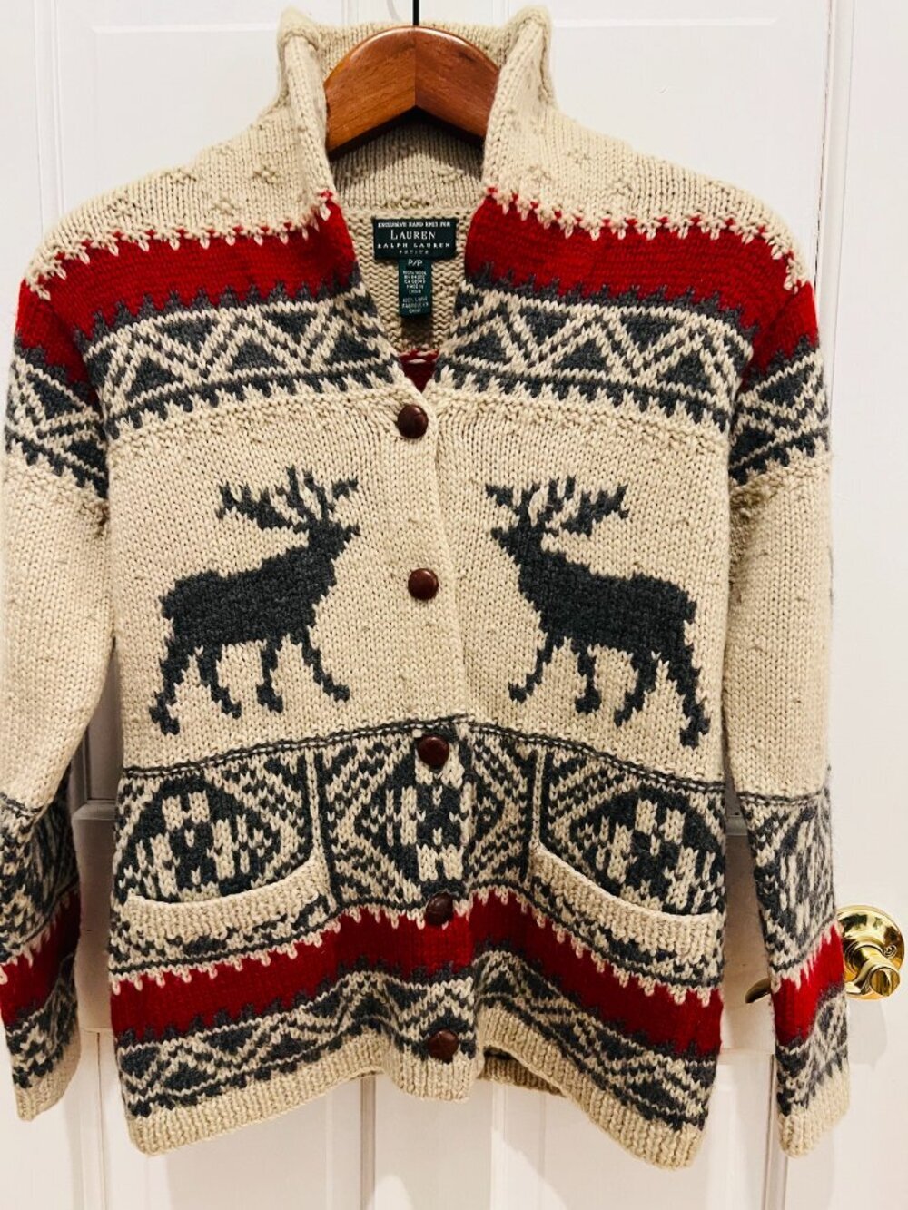 Vintage Lauren Ralph Lauren Hand Knit Wool Sweater Cardigan Size P/P - Picture 9 of 16